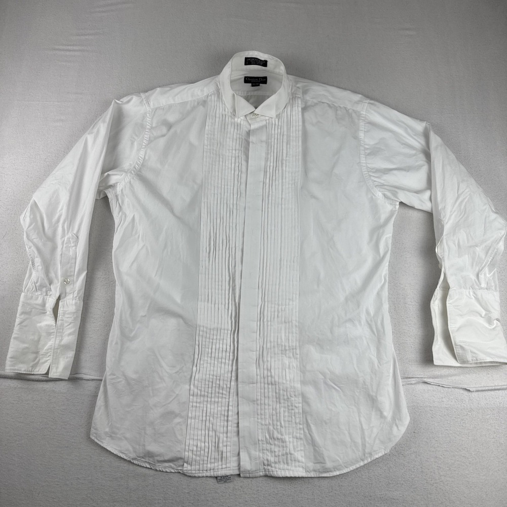 VTG Christian Dior White Tuxedo Shirt 15.5-32 French Cuffs Pleated Made in USA